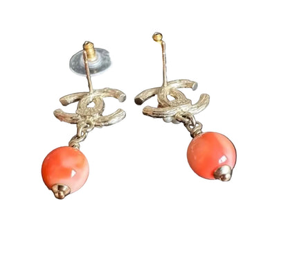 Chanel Classic CC Coral Pearl Earrings