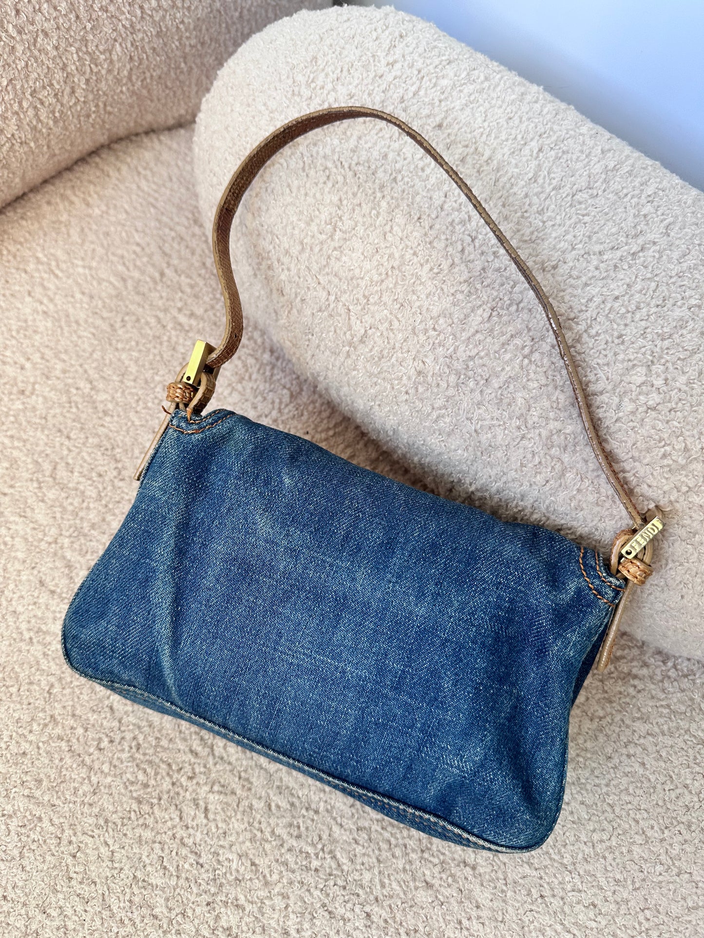 Fendi Vintage Blue Denim Lizard Trim Baguette