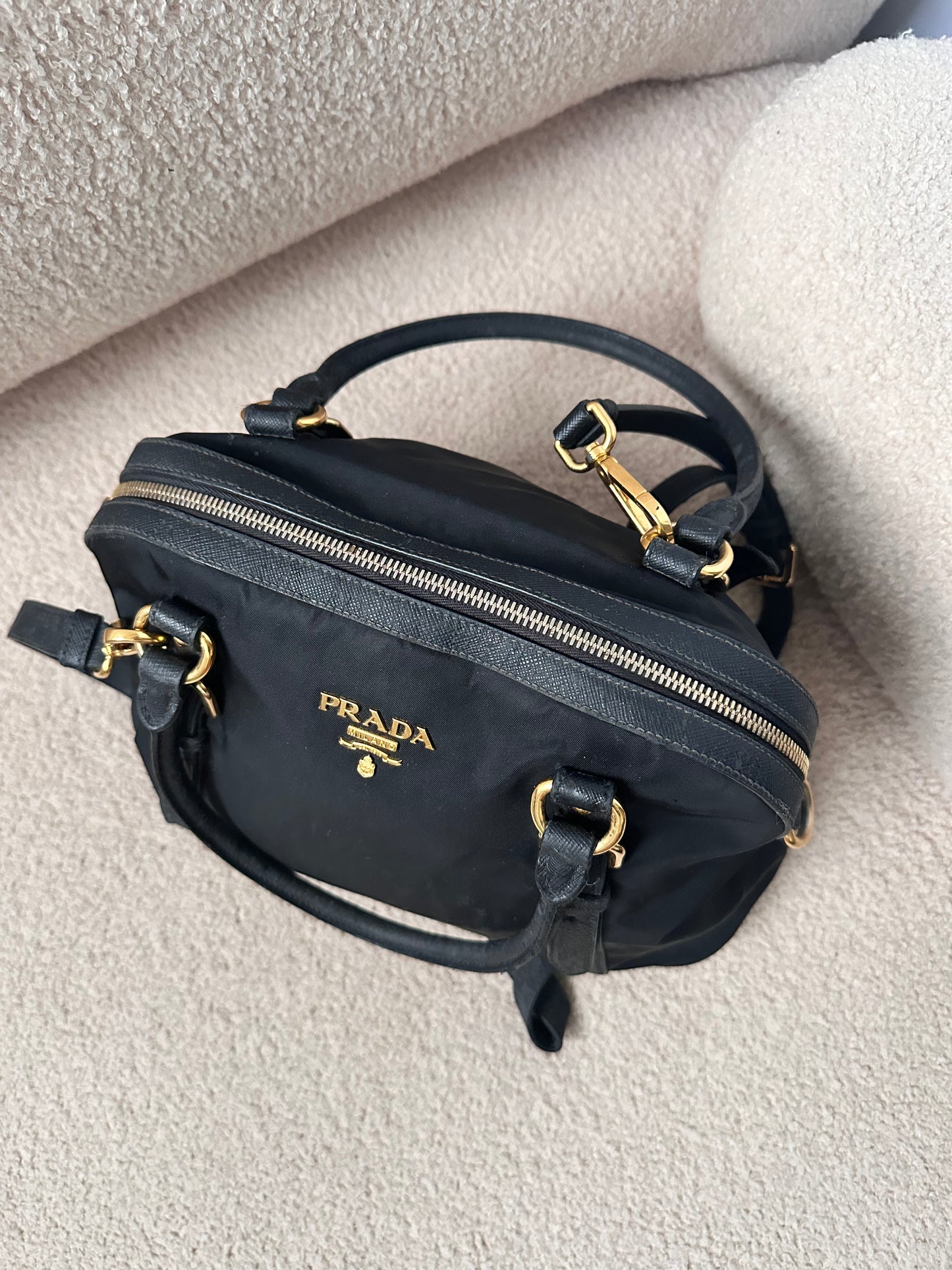Prada Black Tessuto Leather Trim Top Handle Bag with Strap