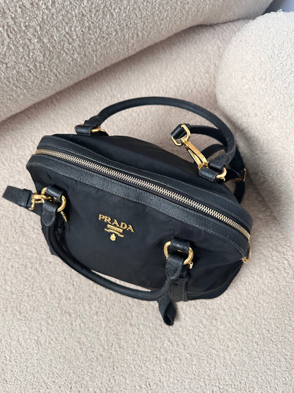 Prada Black Tessuto Leather Trim Top Handle Bag with Strap