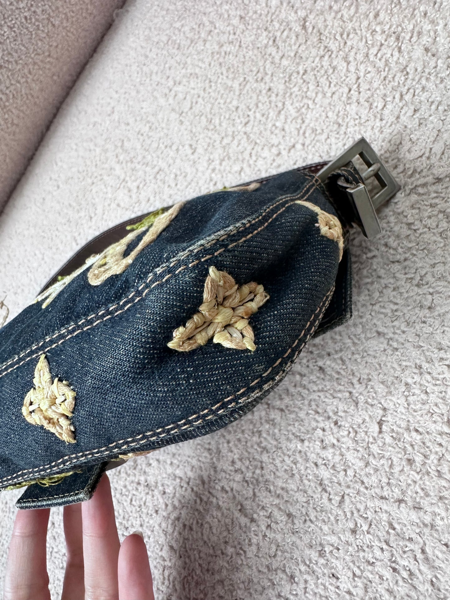 Fendi Floral Embroidered Denim Baguette