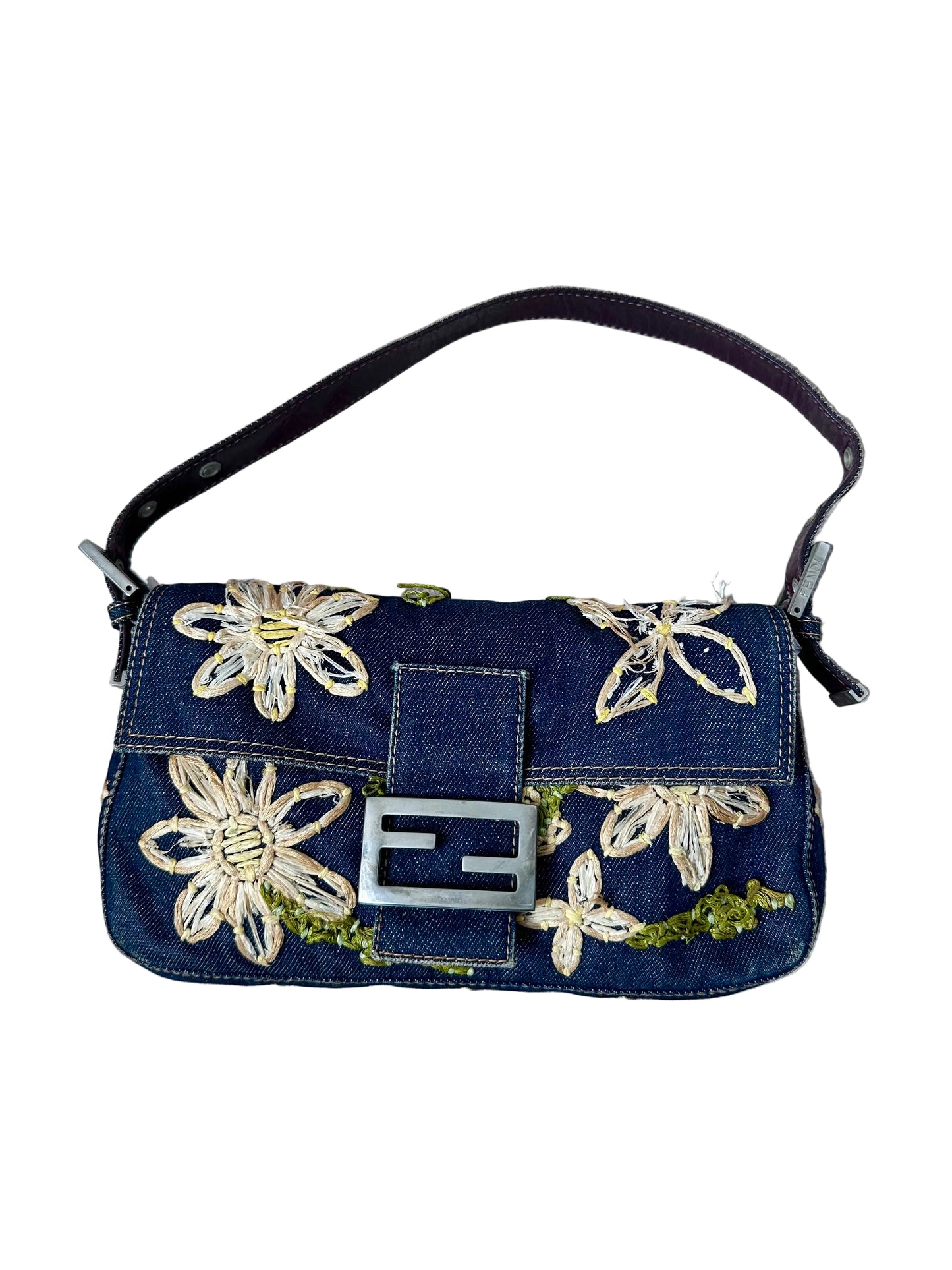Fendi Floral Embroidered Denim Baguette