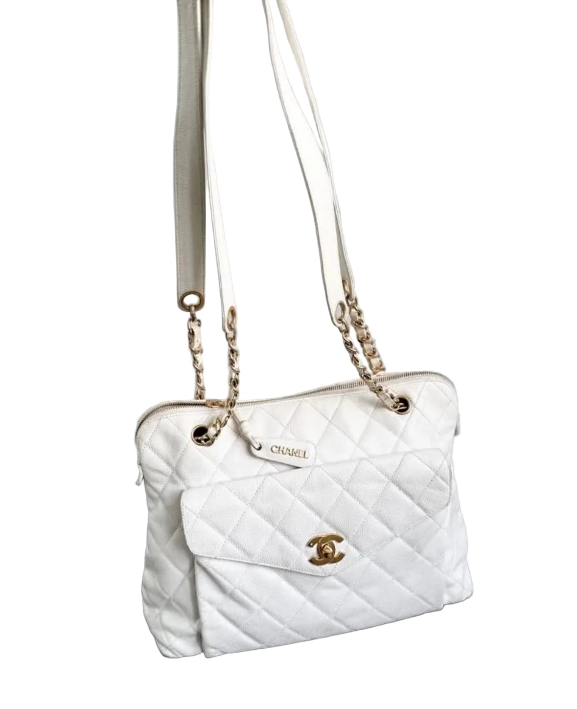 Chanel Caviar Quilted Hobo Shoppers Tote Bag - White / 24K Gold Plated Hardware