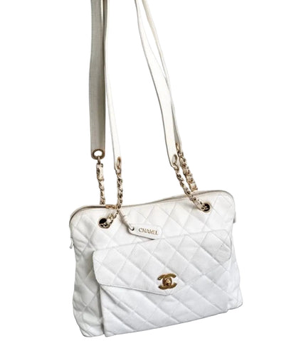 Chanel Caviar Quilted Hobo Shoppers Tote Bag - White / 24K Gold Plated Hardware