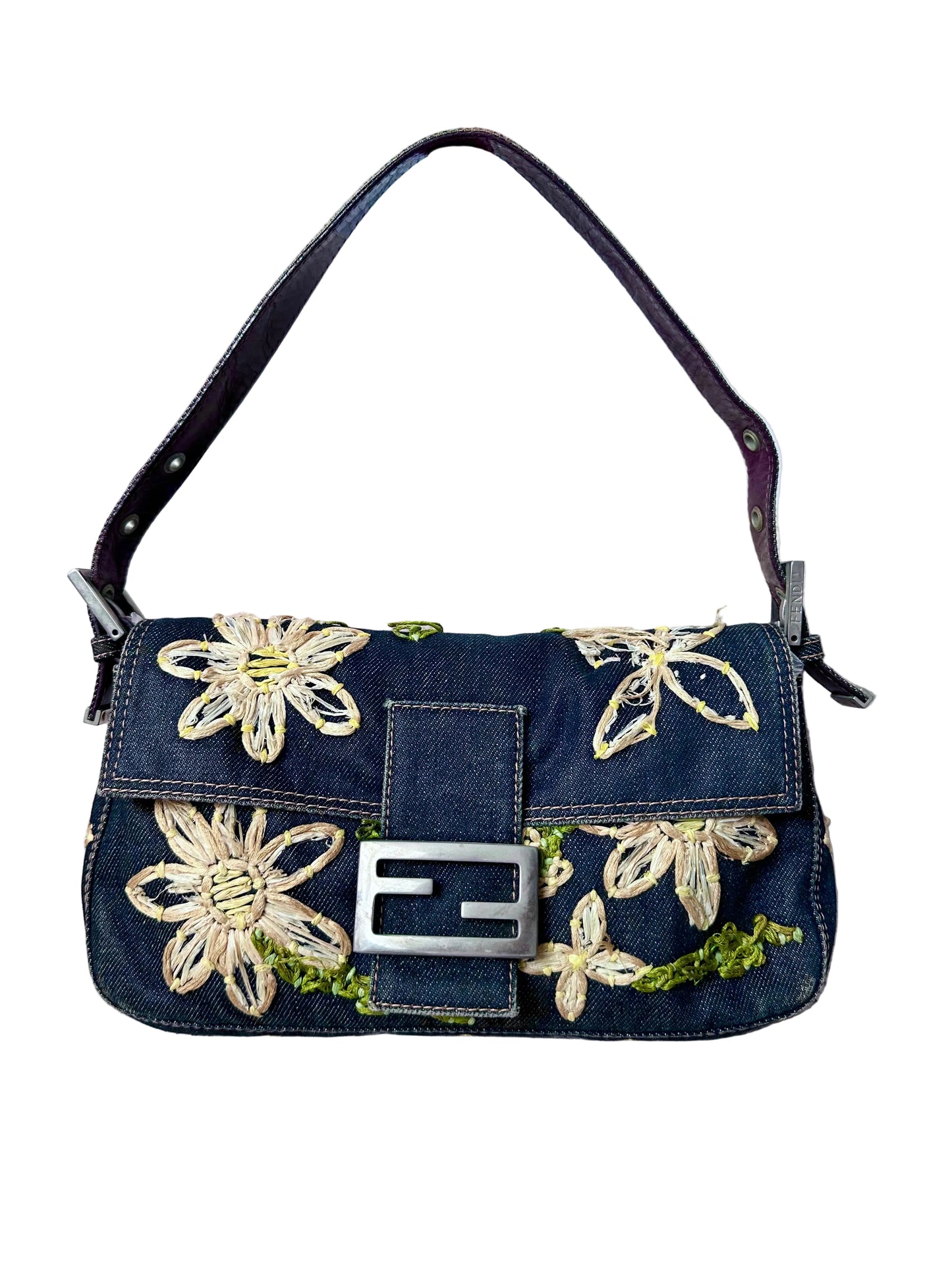 Fendi Floral Embroidered Denim Baguette