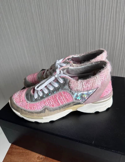 Chanel Pink Tweed Trainers Sneakers Shoes - Size 36.5