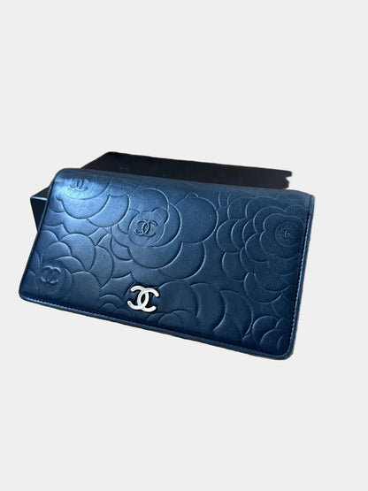 Chanel Long Flap Camellia Bifold Wallet - Navy Lambskin Silver Hardware