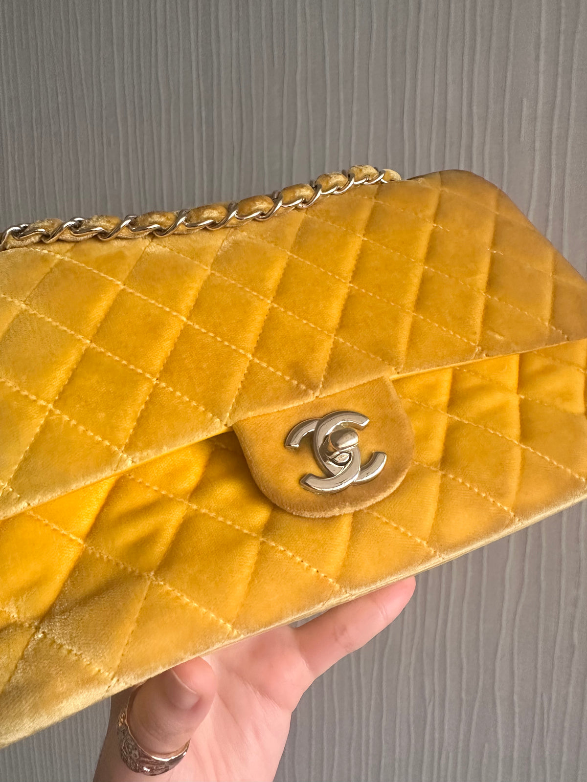 Chanel Medium Classic Flap Yellow Velvet Leather