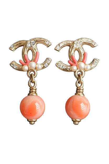 Chanel Classic CC Coral Pearl Earrings