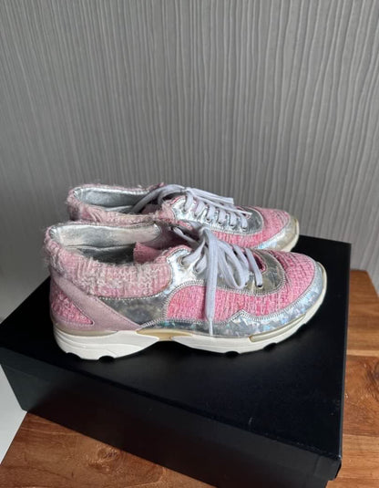 Chanel Pink Tweed Trainers Sneakers Shoes - Size 36.5