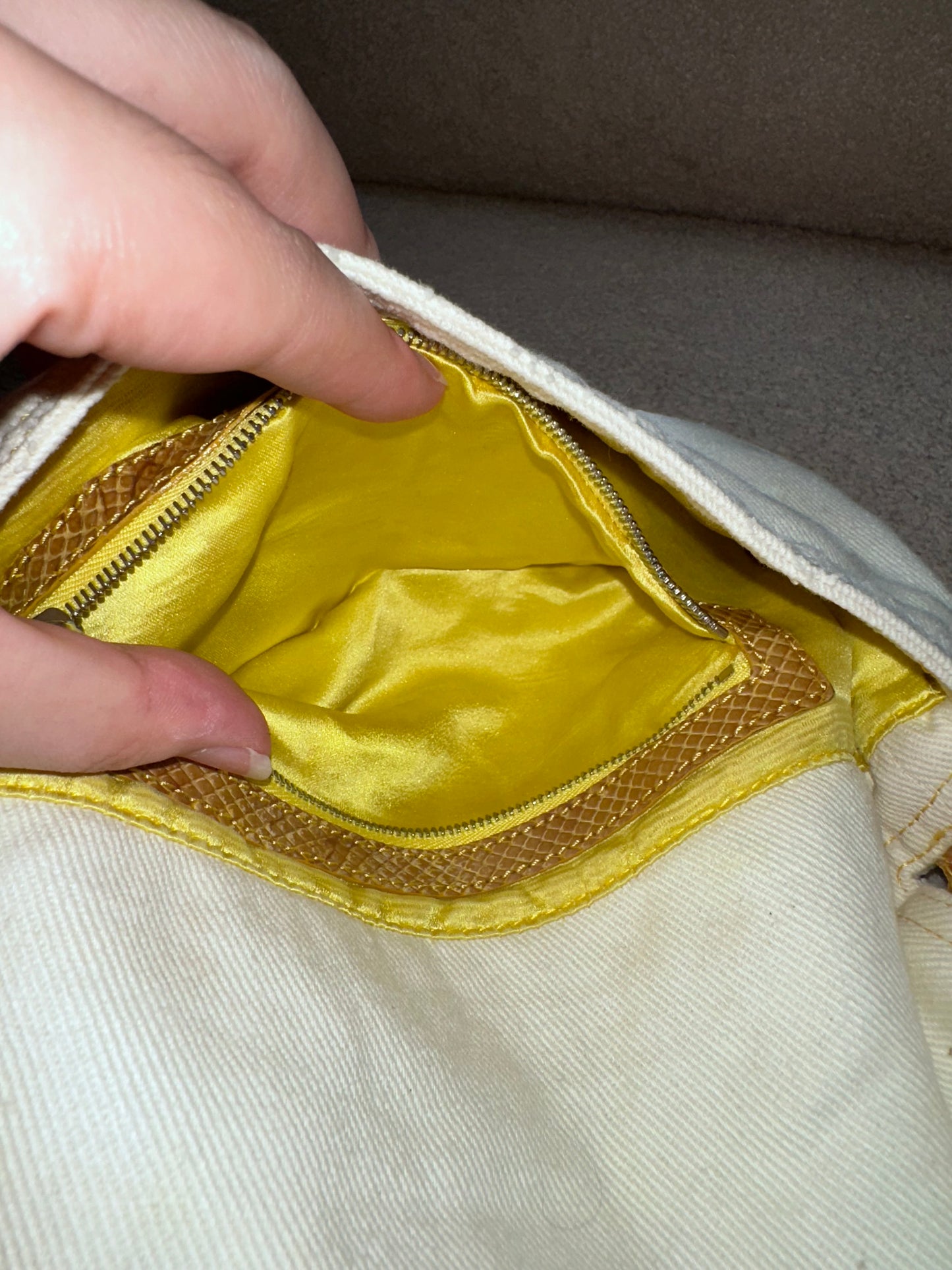 Fendi Yellow Python Trim White Canvas Baguette