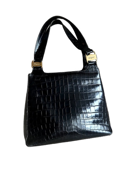 Salvatore Ferragamo Vintage Black Crocodile Embossed Tote Ba