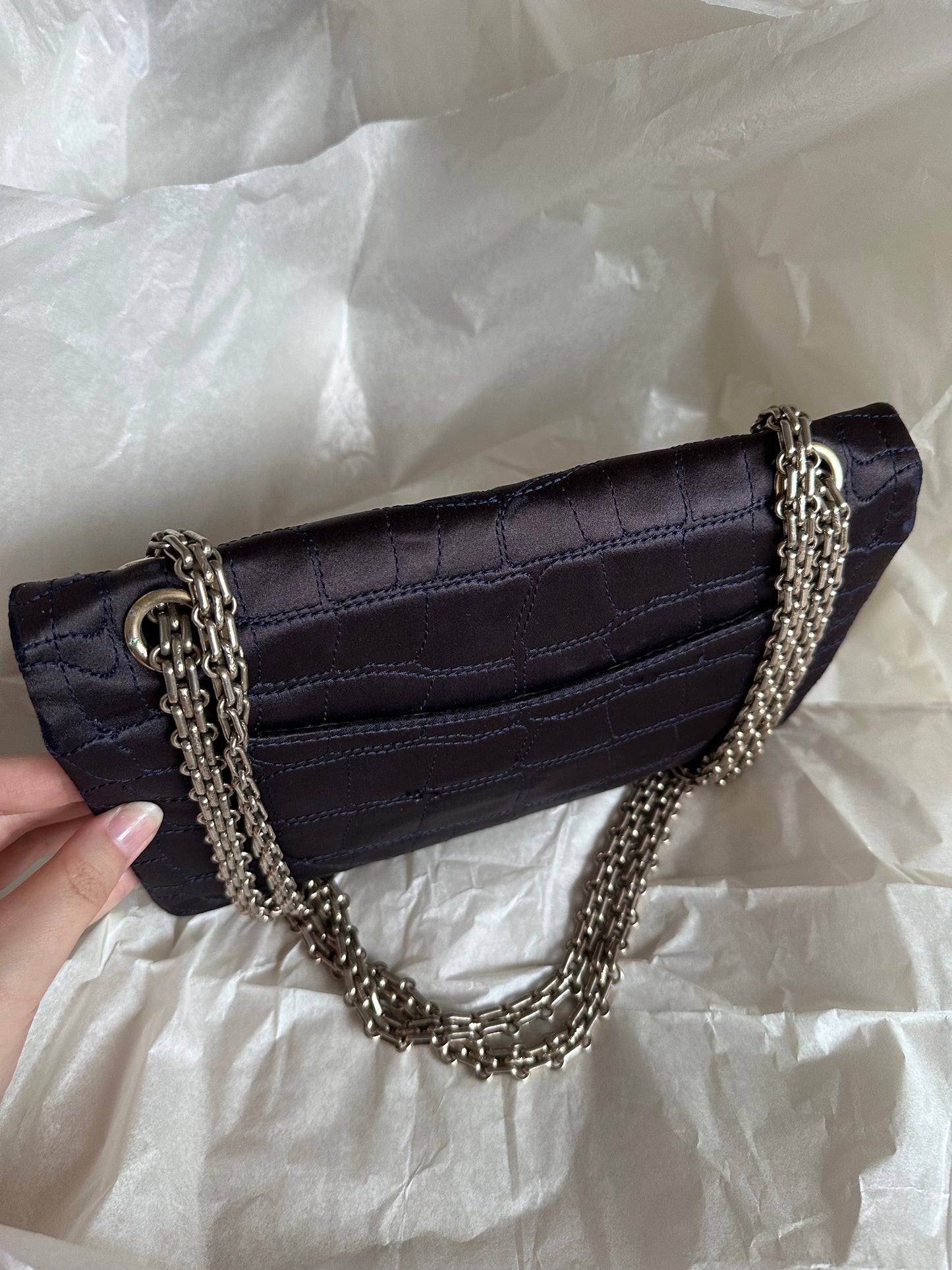 RARE Chanel Croc-Embossed Medium Double Flap 2.55 Reissue - Navy Satin, Fabric