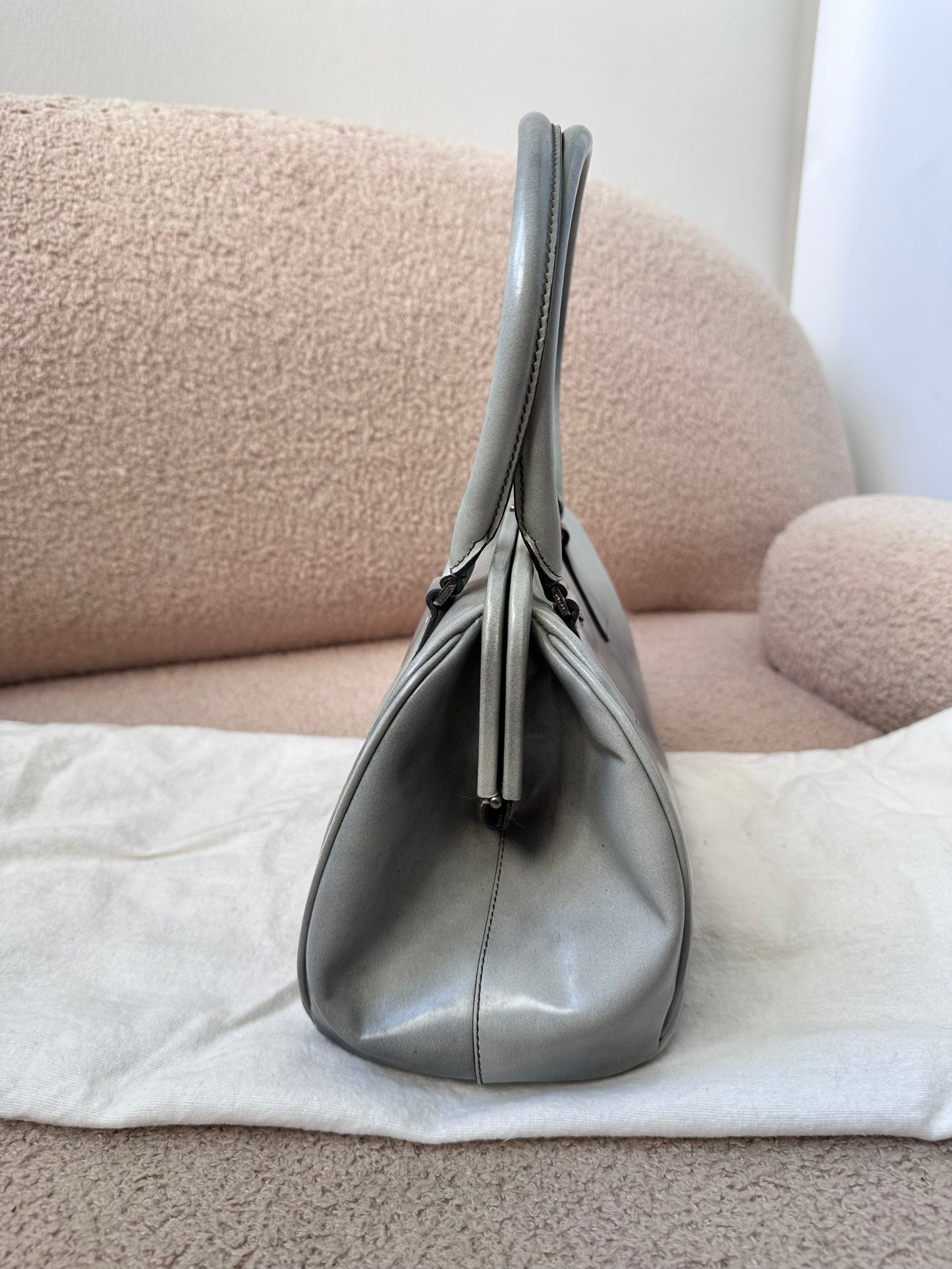 Prada 2012 Grigio Spazzolato Leather Kiss-Lock Frame Satchel Bag