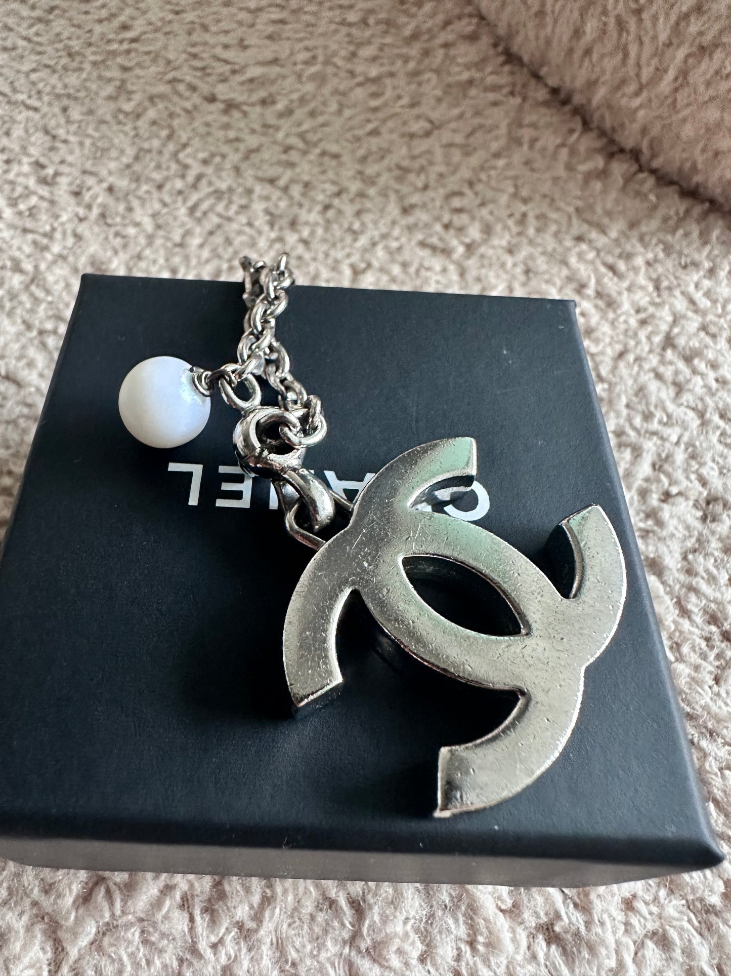 Chanel Logo Bag Charm With Pearl / Silver Hardware