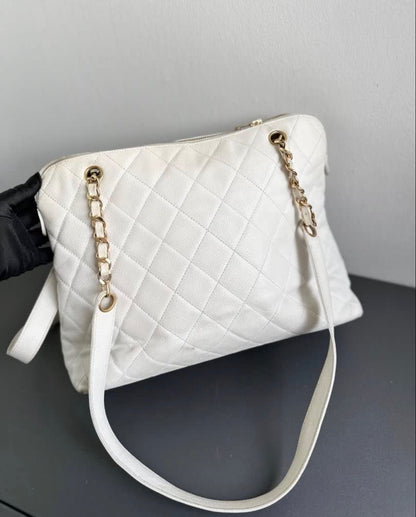Chanel Caviar Quilted Hobo Shoppers Tote Bag - White / 24K Gold Plated Hardware