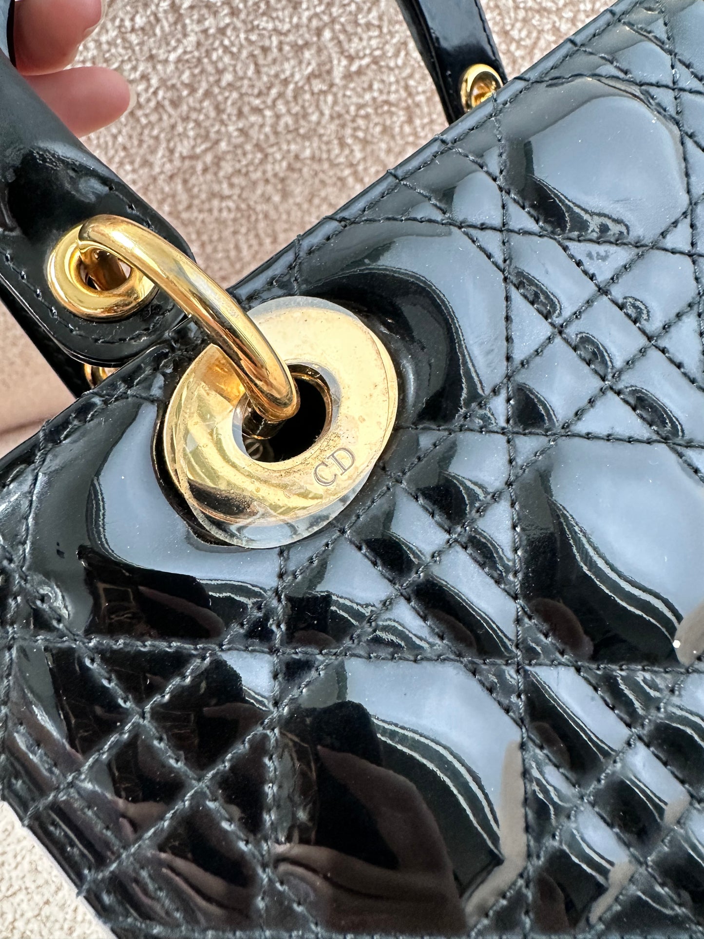 Christian Dior Lady Dior Medium Black Patent Gold Hardware