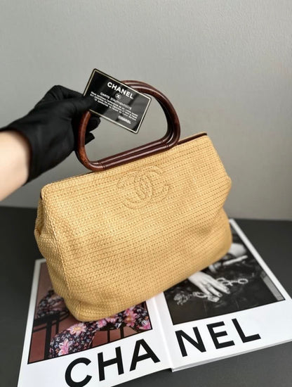 Rare Chanel Wooden Handle Hobo Raffia Tote Bag