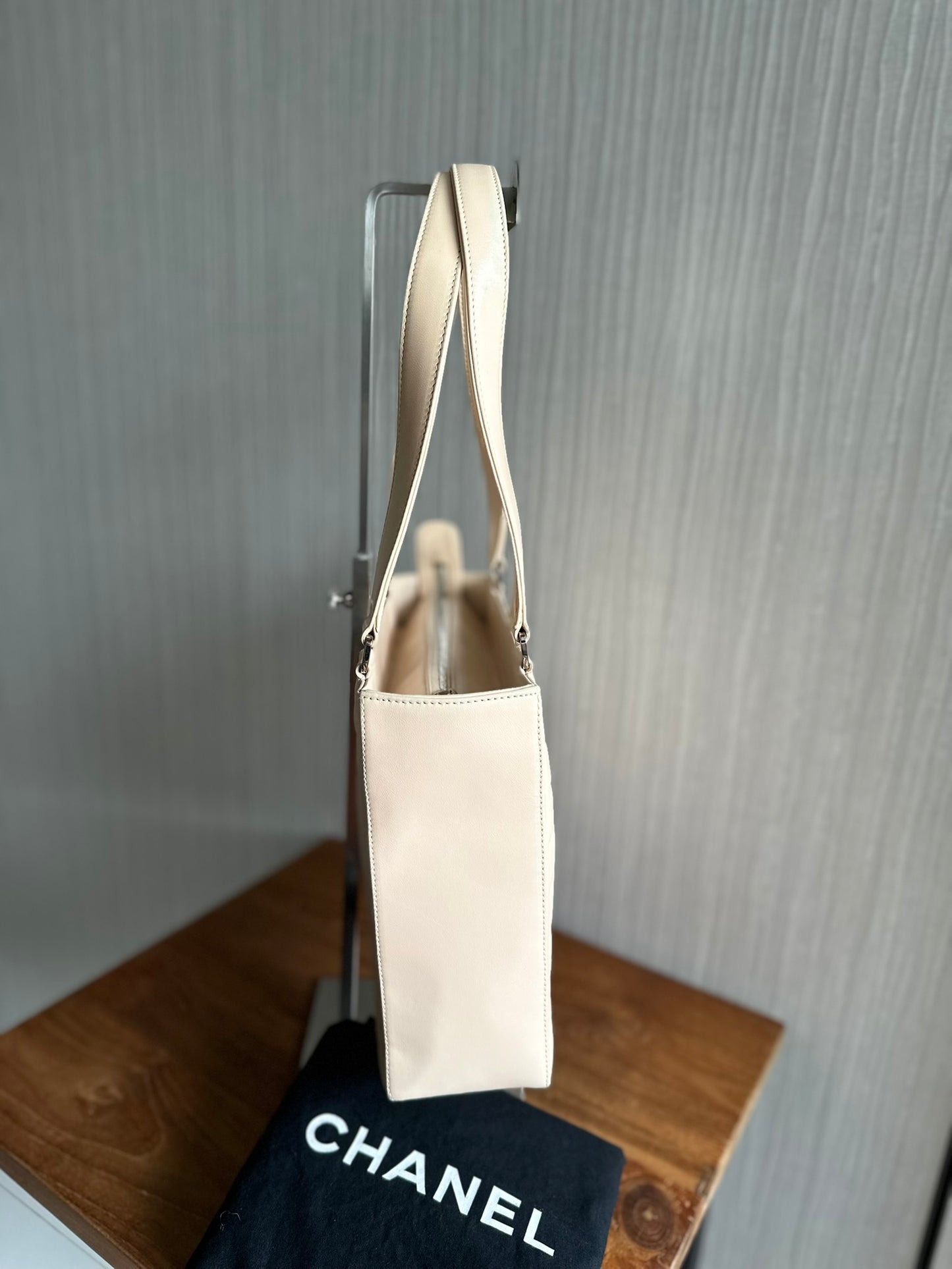 Chanel Vintage Beige Chocolate Bar Shoulder Tote Bag