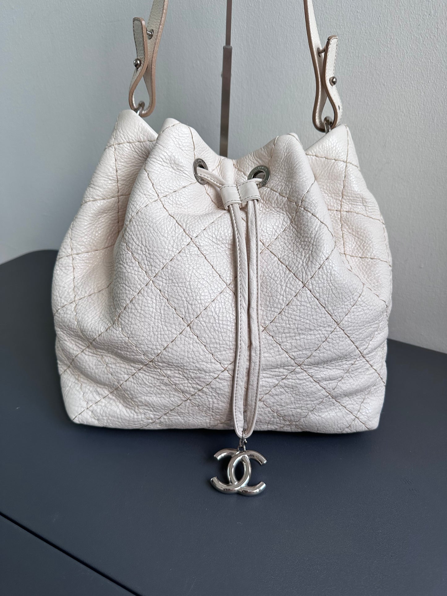Chanel Maxi Hobo Caviar Bucket Shoulder Bag - Cream Beige / Silver Hardware