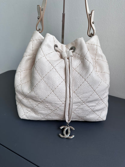 Chanel Maxi Hobo Caviar Bucket Shoulder Bag - Cream Beige / Silver Hardware