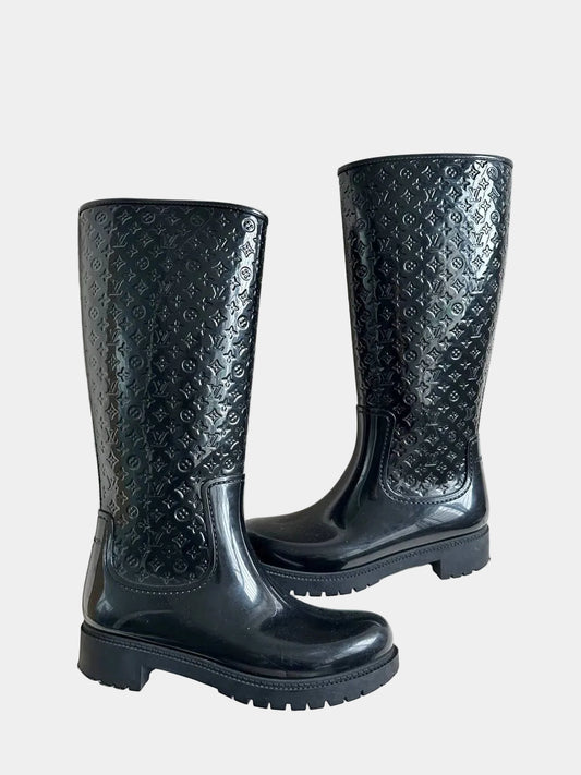 Louis Vuitton Black Monogram Rubber Rain Boots — Size 39
