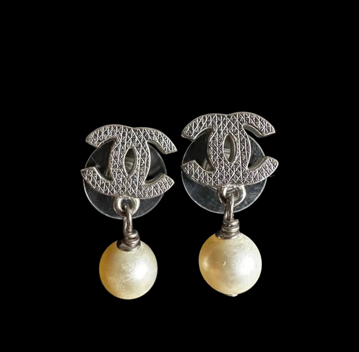 Chanel Classic CC Silver Pearl Dangling Earrings