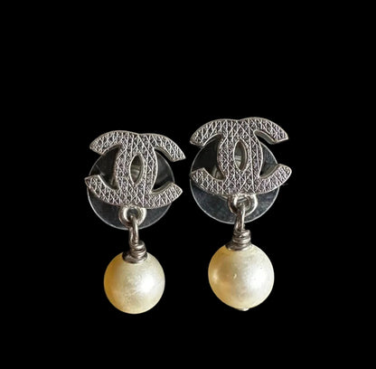 Chanel Classic CC Silver Pearl Dangling Earrings
