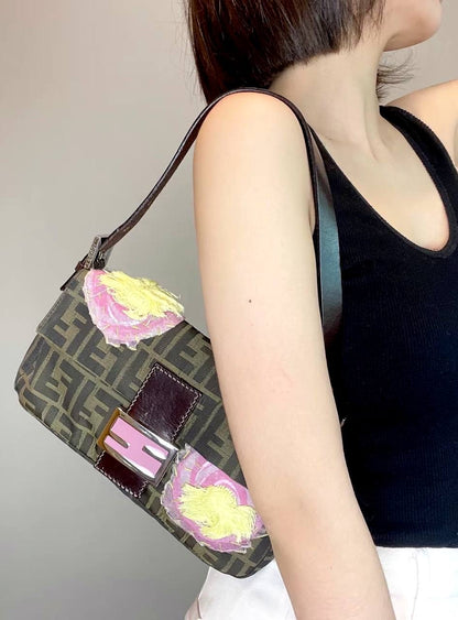 Fendi Embroidered Flower Baguette Pink FF Buckle