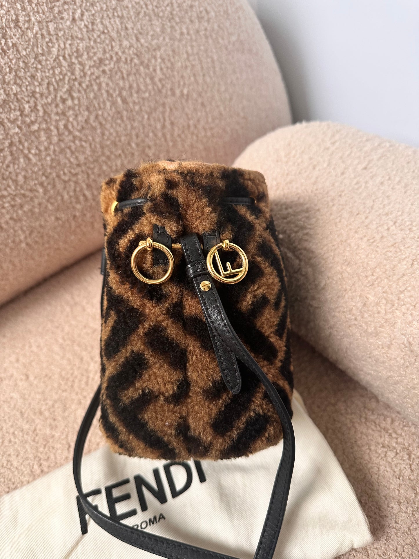 Fendi Mon Tresor FF Monogram Fur Shearling Bucket Bag