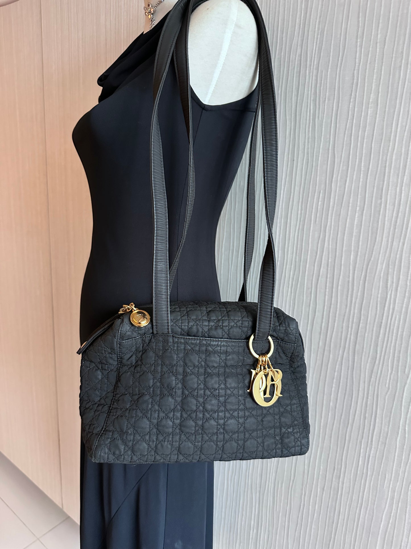 CHRISTIAN DIOR Lady Dior Cannage Preppy Shoulder Camera Tote - Black Nylon / Gold Hardware