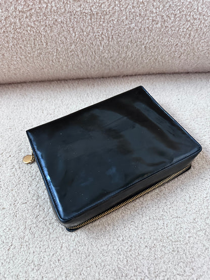 RARE Chanel Vintage Vanity Makeup Zip Case Clutch - 24K Gold Plated Hardware / Black Patent