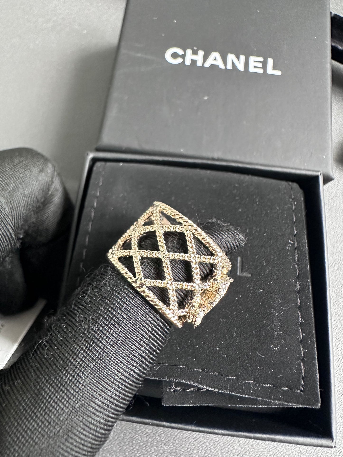 Chanel CC Pearl Mesh Ring Light Gold Hardware