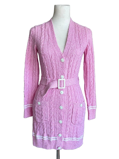 Chanel 22P Long Belted Pink Knit Cardigan
