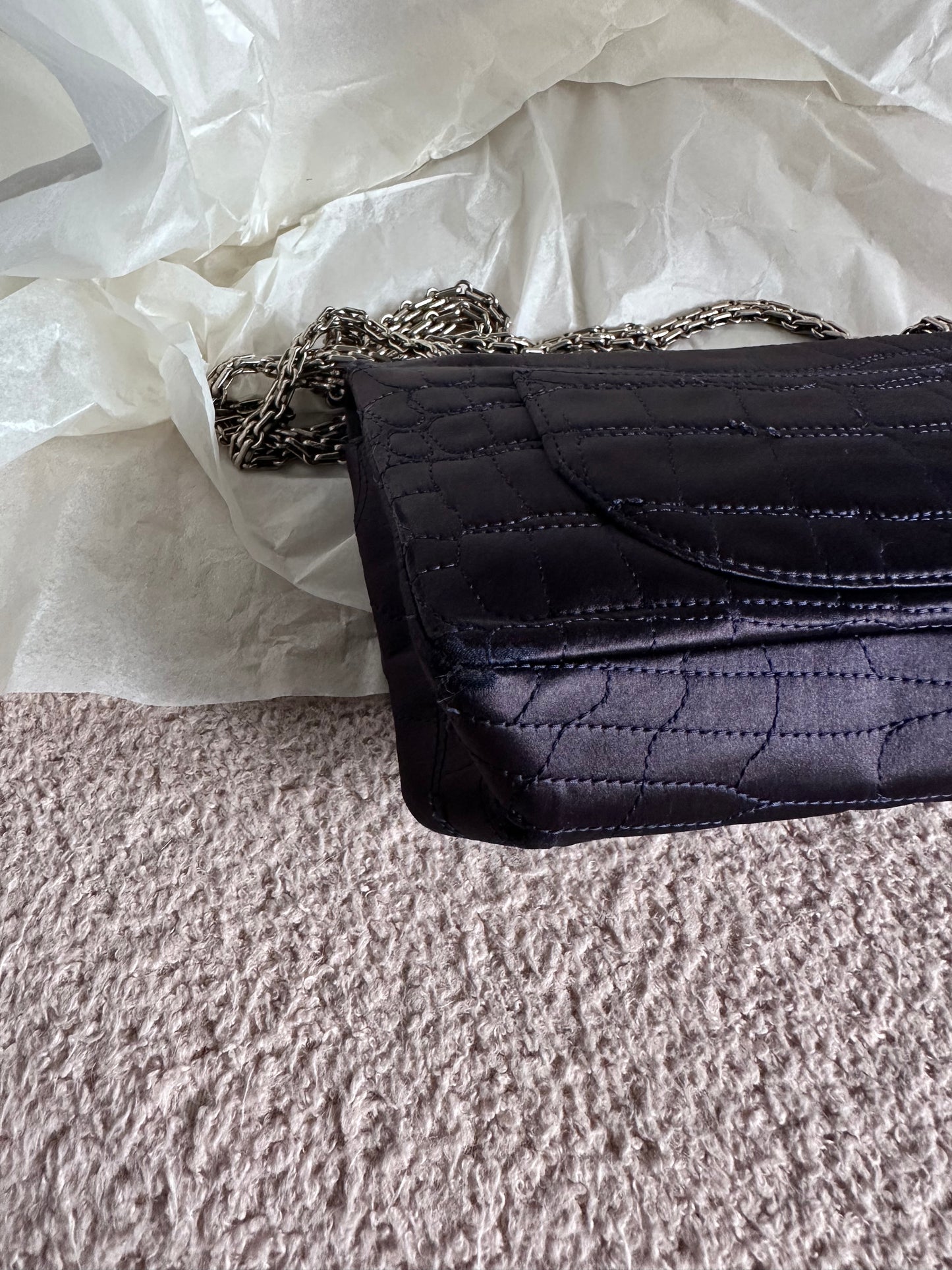 RARE Chanel Croc-Embossed Medium Double Flap 2.55 Reissue - Navy Satin, Fabric