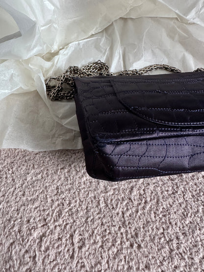 RARE Chanel Croc-Embossed Medium Double Flap 2.55 Reissue - Navy Satin, Fabric