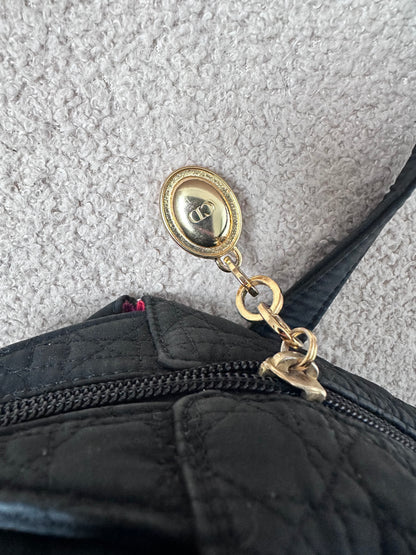 CHRISTIAN DIOR Lady Dior Cannage Preppy Shoulder Camera Tote - Black Nylon / Gold Hardware