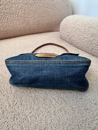 Fendi Vintage Blue Denim Lizard Trim Baguette