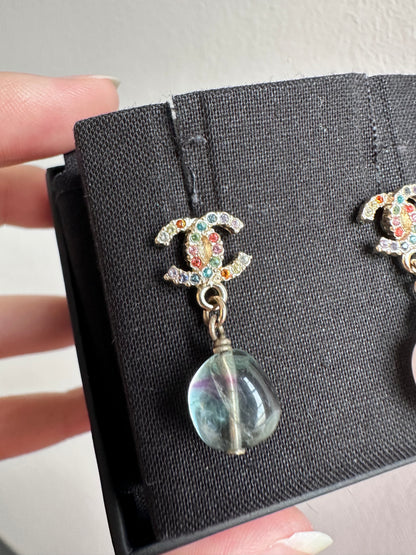 Rare Chanel Rainbow Crystal CC Drop Dangling Earrings