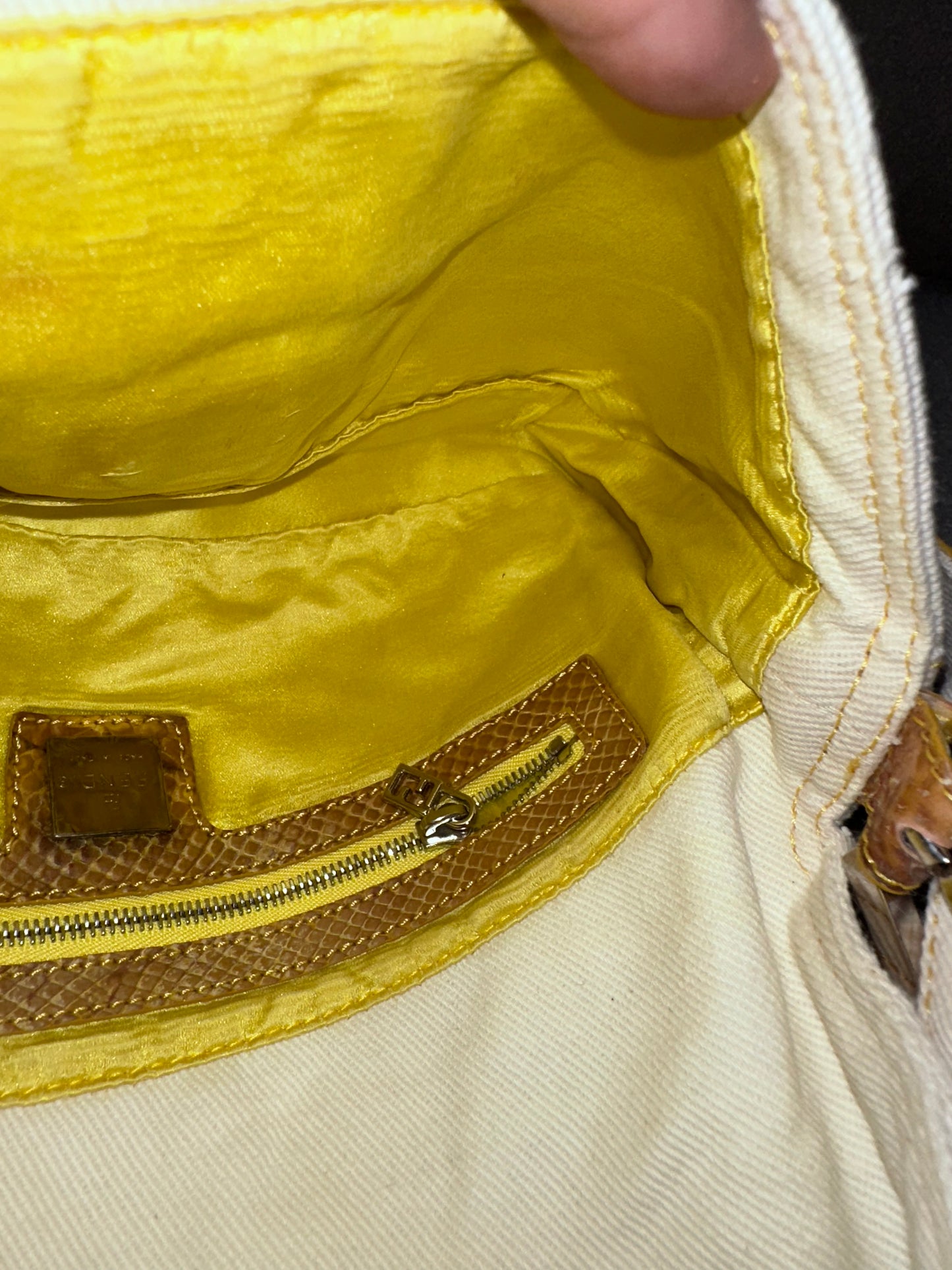 Fendi Yellow Python Trim White Canvas Baguette