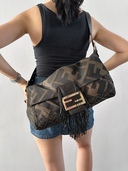 Archive Fendi Maxi Tobacco Zucca Fringe Baguette