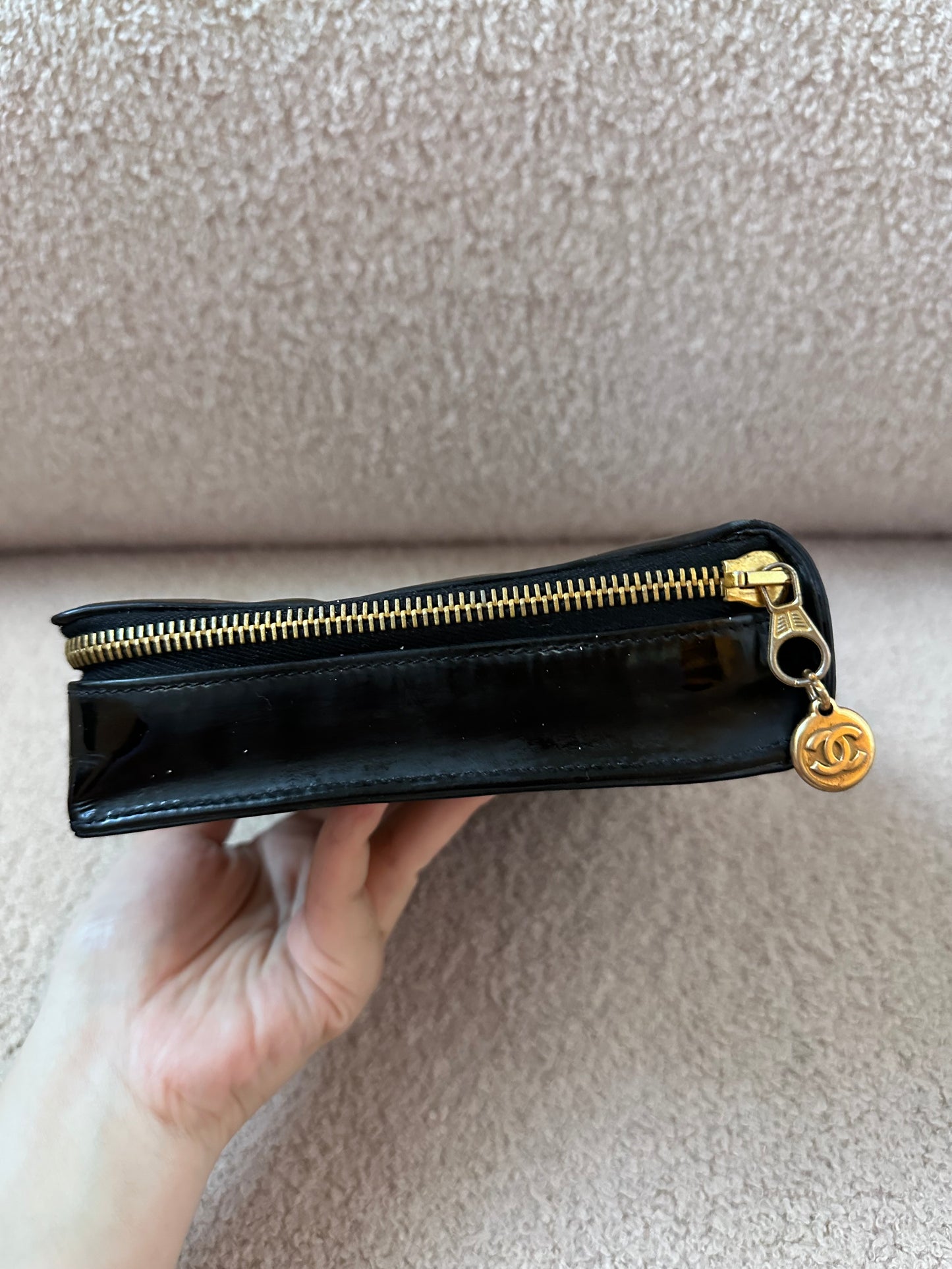 RARE Chanel Vintage Vanity Makeup Zip Case Clutch - 24K Gold Plated Hardware / Black Patent