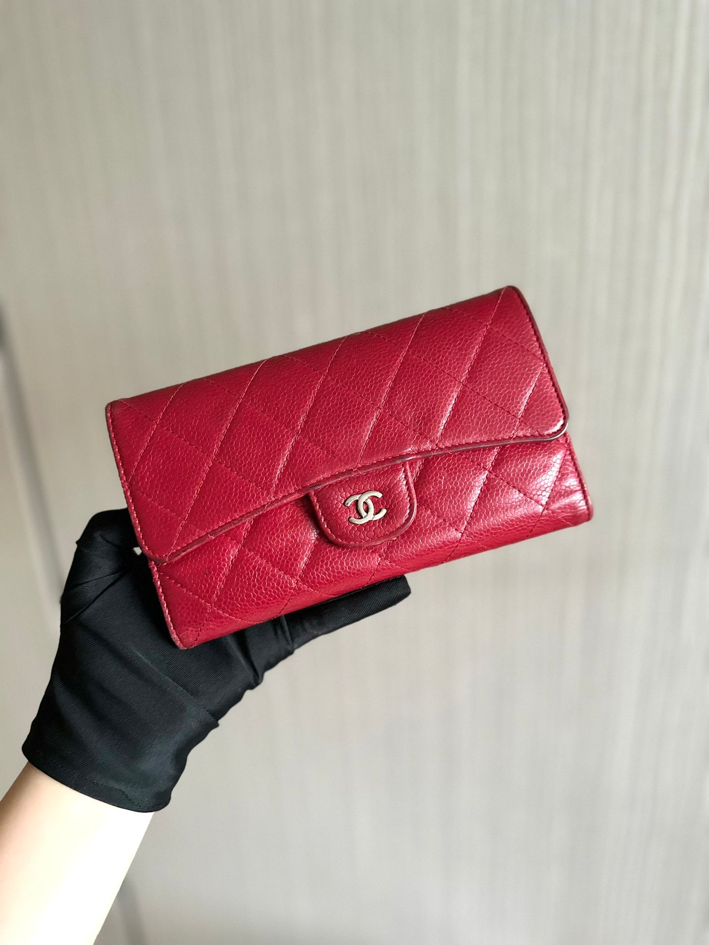 Chanel Caviar Classic Trifold Long Wallet Red Silver Hardware