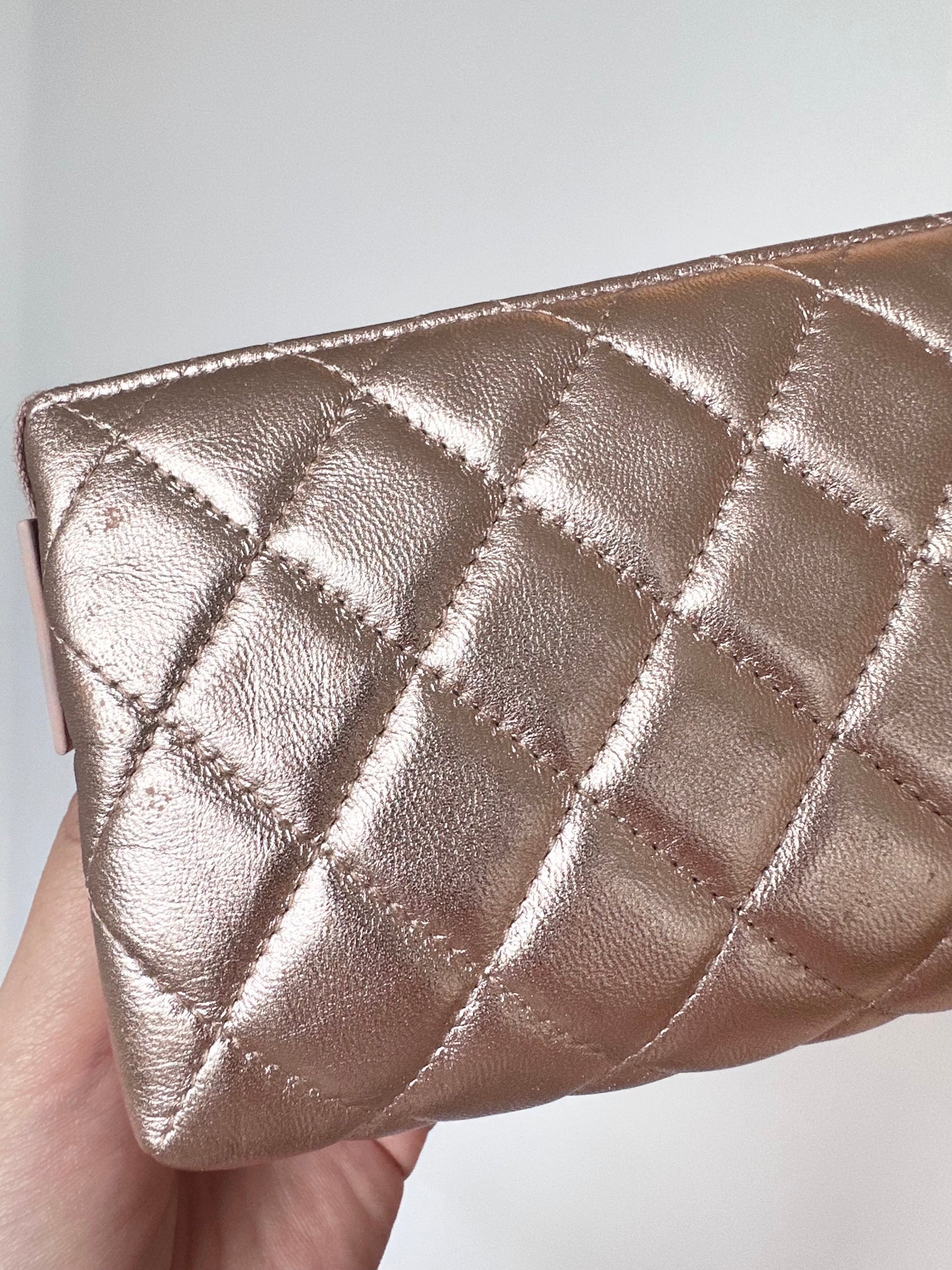 Chanel Quilted O Case Metallic Pink Rose Gold Zip Pouch