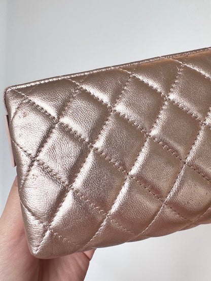 Chanel Quilted O Case Metallic Pink Rose Gold Zip Pouch