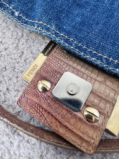 Fendi Vintage Blue Denim Lizard Trim Baguette