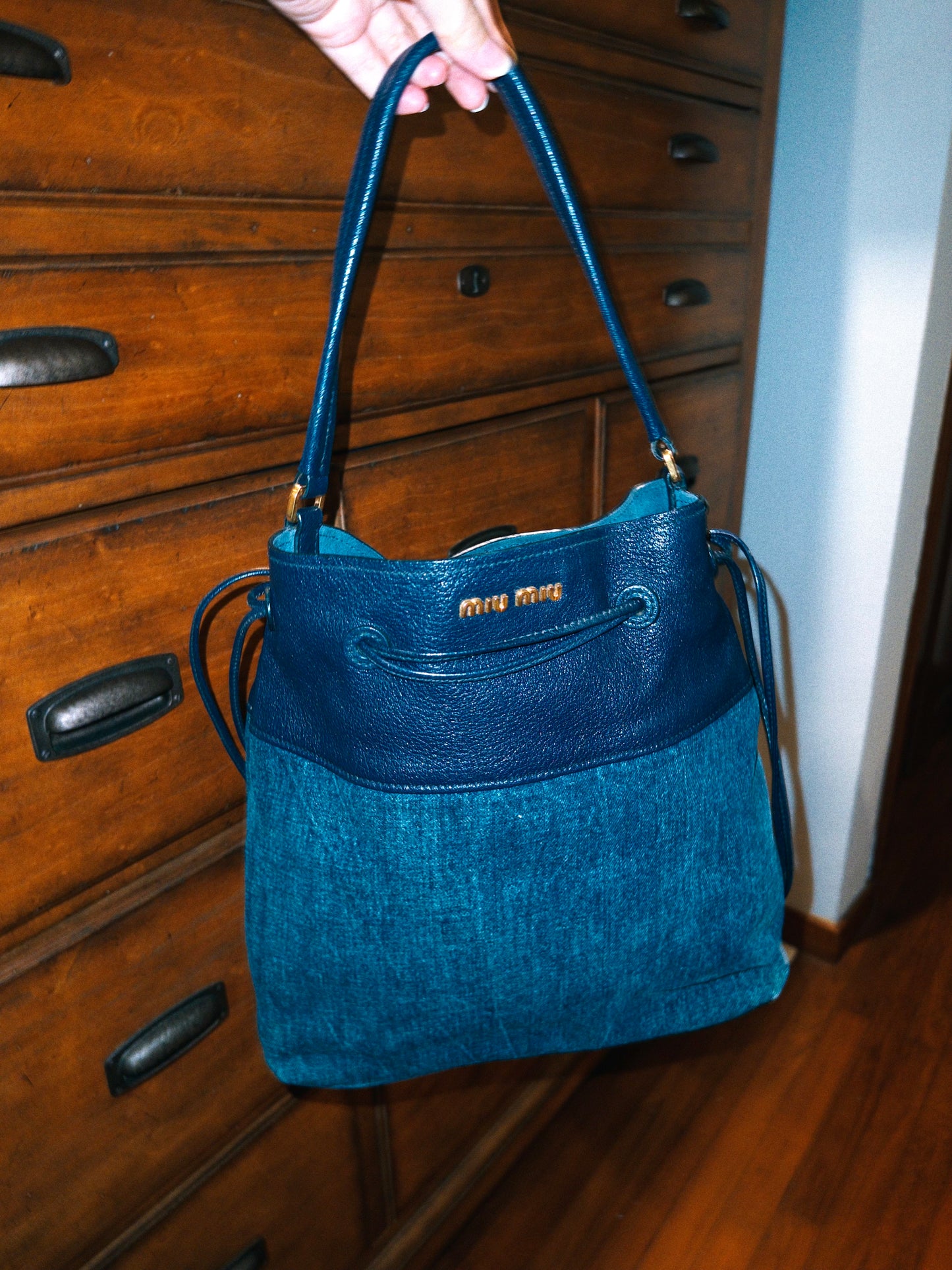 Miu Miu Leather Denim Drawstring Shoulder Bag