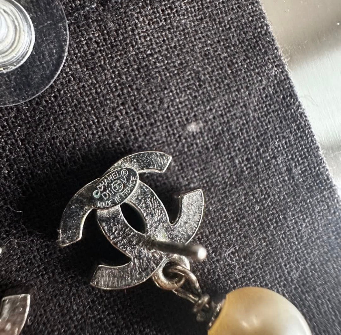 Chanel Classic CC Silver Pearl Dangling Earrings
