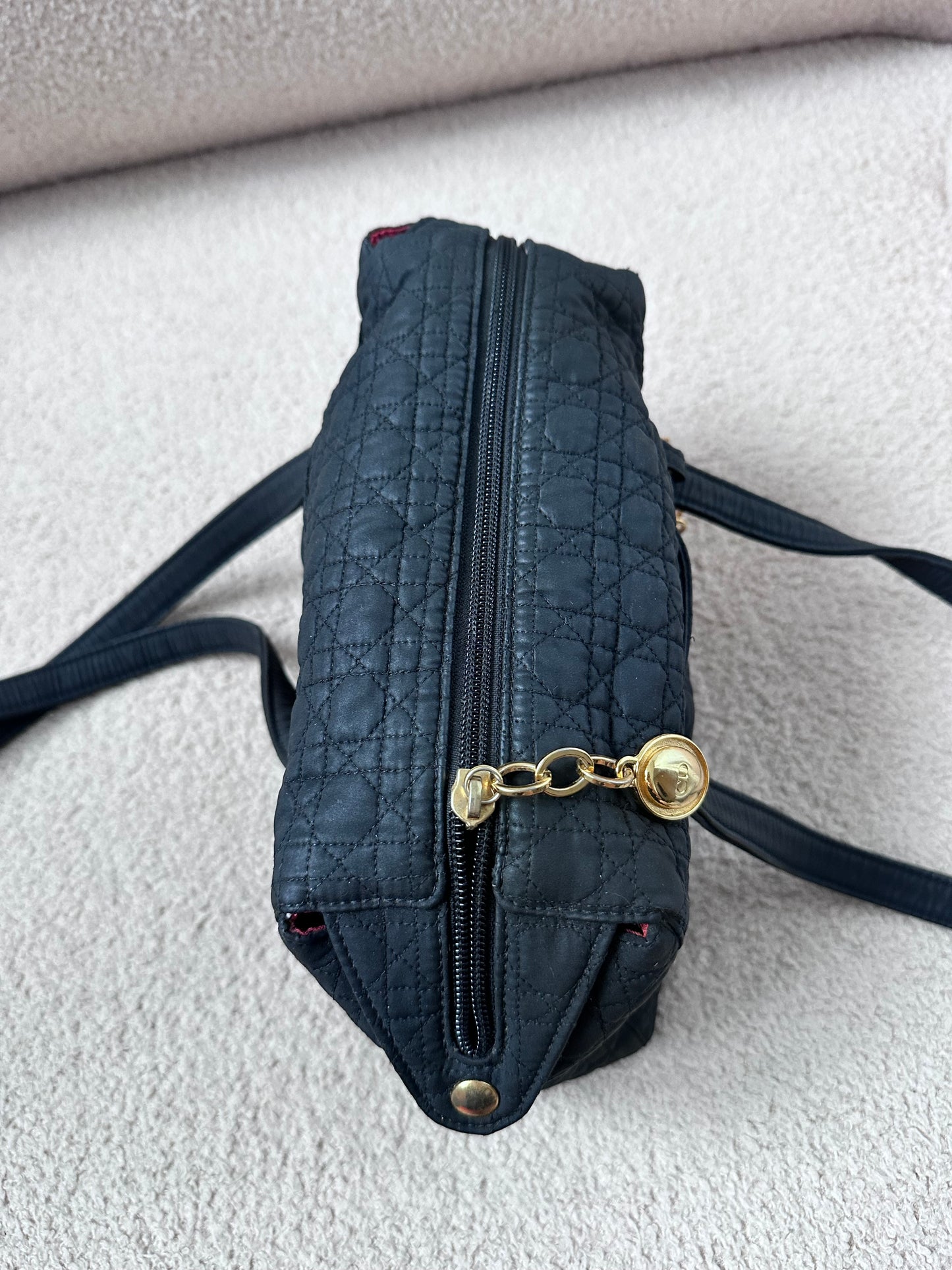 CHRISTIAN DIOR Lady Dior Cannage Preppy Shoulder Camera Tote - Black Nylon / Gold Hardware