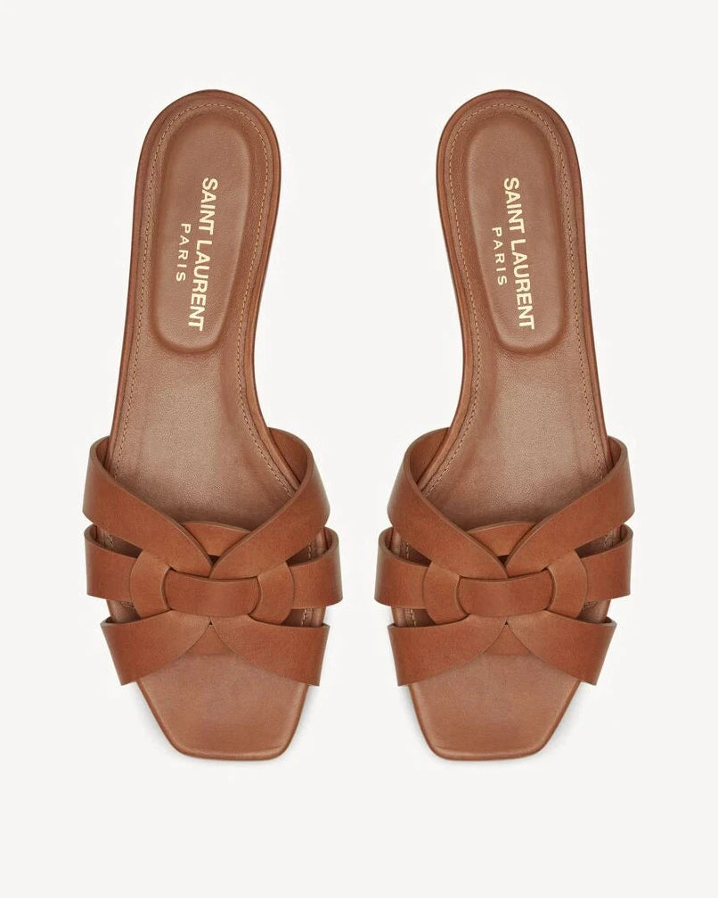 Yves Saint Laurent Tribute Mules in Smooth Leather Amber